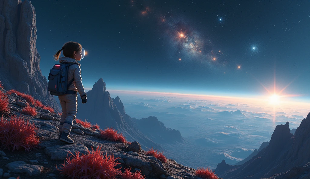 A girl walks on a planet against the backdrop of space, emphasis on space
