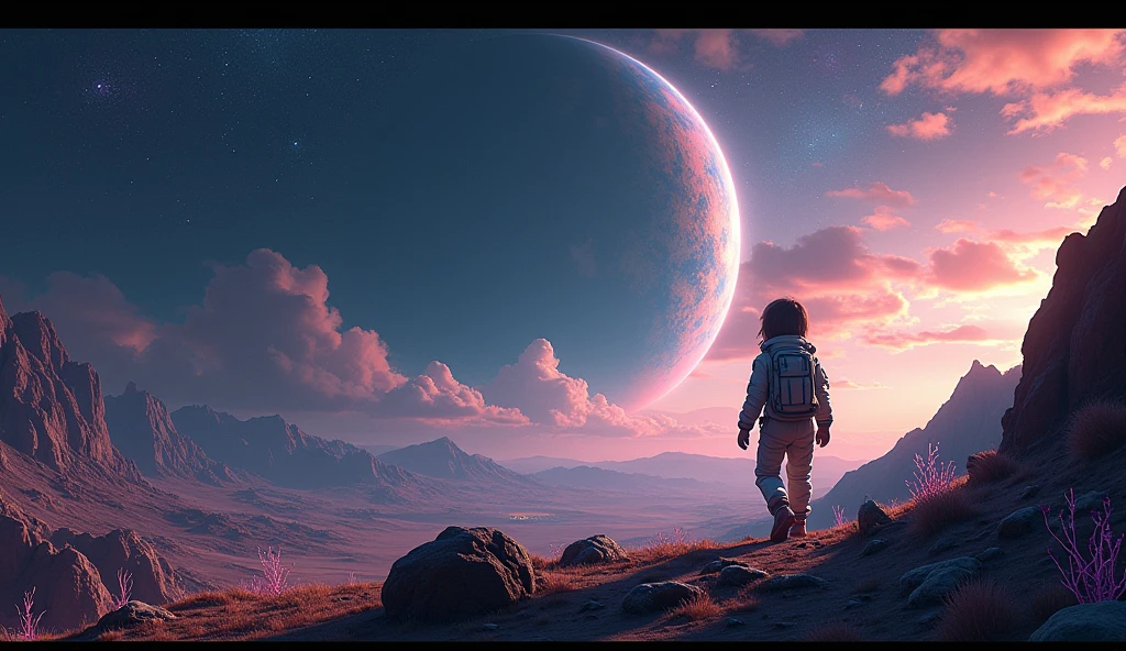 A girl walks on a planet against the backdrop of space, emphasis on space