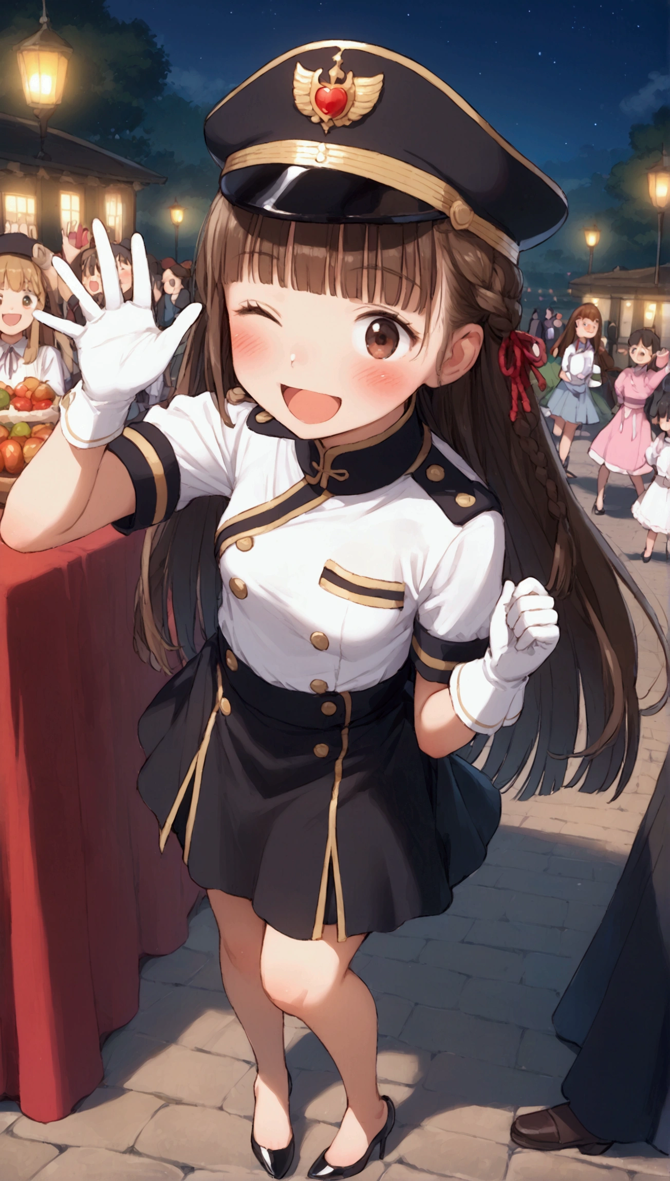 {Highest quality}, {Super beautiful},{Ultra fine},{Best illustration},Brown Hair,Hime cut,long hair,Braid,One woman,Standing Woman,Strike a pose,Adult women,smile,Excited face,Wink,Uniform cap,White Shirt,Short sleeve,long black skirt,White gloves,Night Festival,Blushing,Slender,Black high heels,barefoot,From an angle,From behind,Woman with closed legs,Waving with one hand