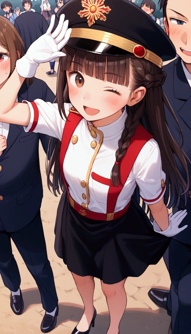 {Highest quality}, {Super beautiful},{Ultra fine},{Best illustration},Brown Hair,Hime cut,long hair,Braid,One woman,Standing Woman,Strike a pose,Adult women,smile,Excited face,Wink,Uniform cap,White Shirt,Short sleeve,long black skirt,White gloves,Night Festival,Blushing,Slender,Black high heels,barefoot,From an angle,From behind,Woman with closed legs,Waving with one hand