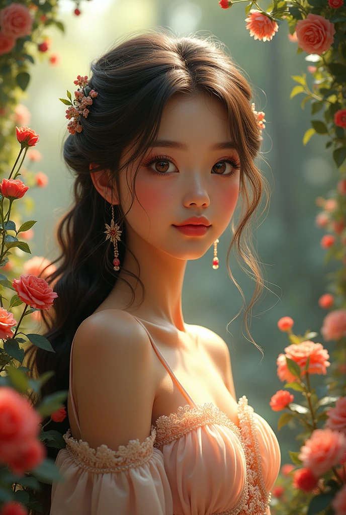 a beautiful young girl, detailed face, mesmerizing eyes, luscious lips, long eyelashes, flowing hair, elegant dress, graceful pose, serene expression, enchanting garden setting, vibrant colors, soft lighting, (best quality,4k,8k,highres,masterpiece:1.2),ultra-detailed,(realistic,photorealistic,photo-realistic:1.37),intricate floral patterns, dreamy landscape, magical atmosphere