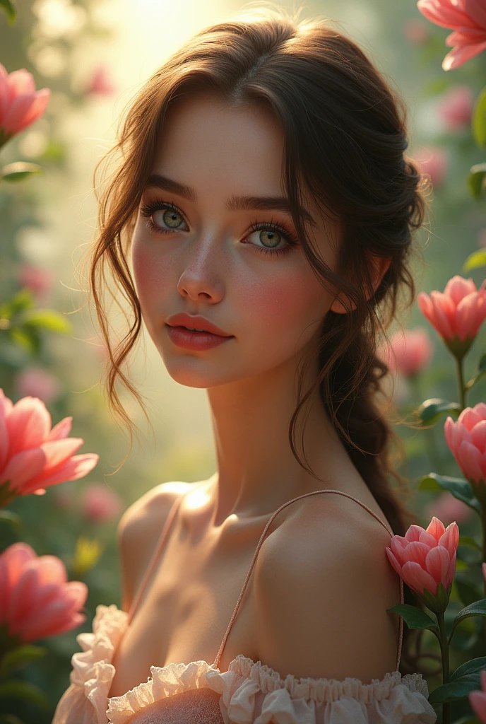 a beautiful young girl, detailed face, mesmerizing eyes, luscious lips, long eyelashes, flowing hair, elegant dress, graceful pose, serene expression, enchanting garden setting, vibrant colors, soft lighting, (best quality,4k,8k,highres,masterpiece:1.2),ultra-detailed,(realistic,photorealistic,photo-realistic:1.37),intricate floral patterns, dreamy landscape, magical atmosphere