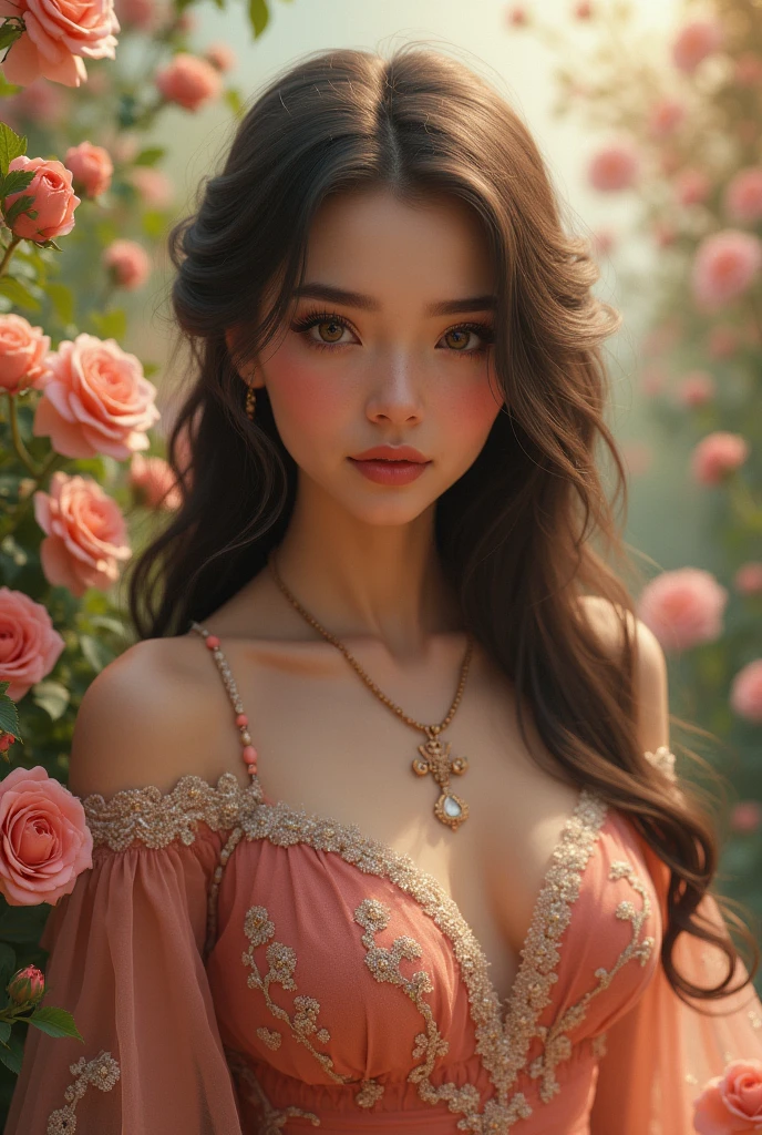 a beautiful young girl, detailed face, mesmerizing eyes, luscious lips, long eyelashes, flowing hair, elegant dress, graceful pose, serene expression, enchanting garden setting, vibrant colors, soft lighting, (best quality,4k,8k,highres,masterpiece:1.2),ultra-detailed,(realistic,photorealistic,photo-realistic:1.37),intricate floral patterns, dreamy landscape, magical atmosphere
