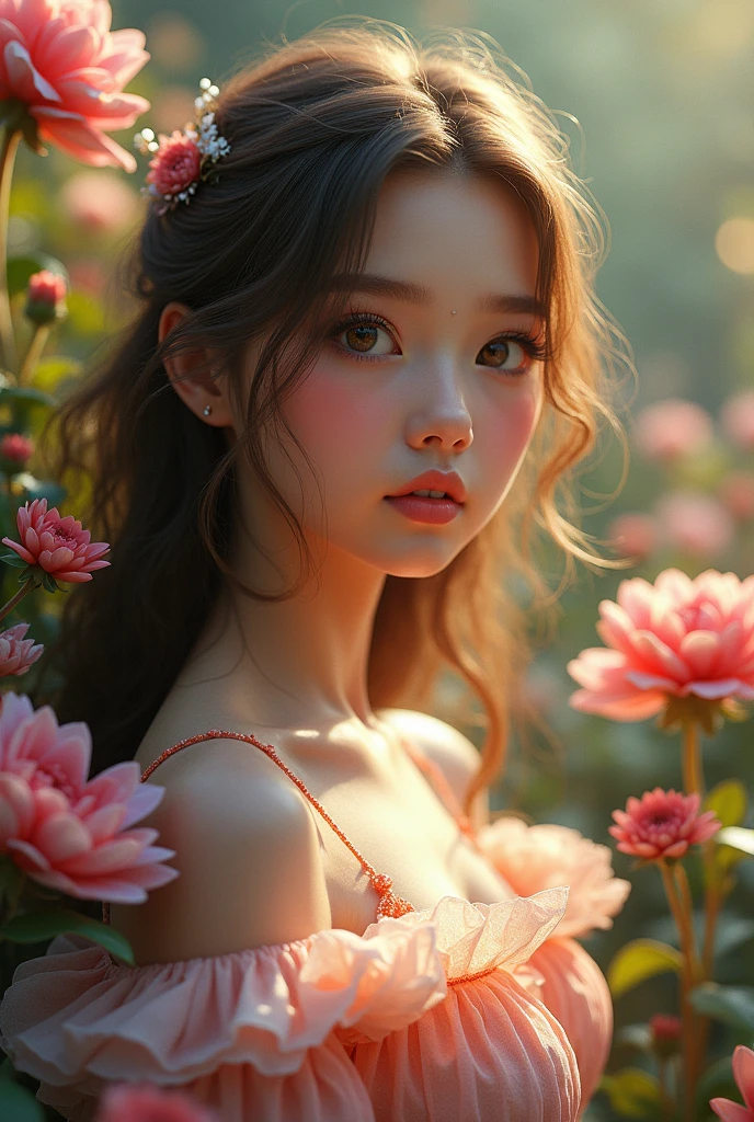 a beautiful young girl, detailed face, mesmerizing eyes, luscious lips, long eyelashes, flowing hair, elegant dress, graceful pose, serene expression, enchanting garden setting, vibrant colors, soft lighting, (best quality,4k,8k,highres,masterpiece:1.2),ultra-detailed,(realistic,photorealistic,photo-realistic:1.37),intricate floral patterns, dreamy landscape, magical atmosphere