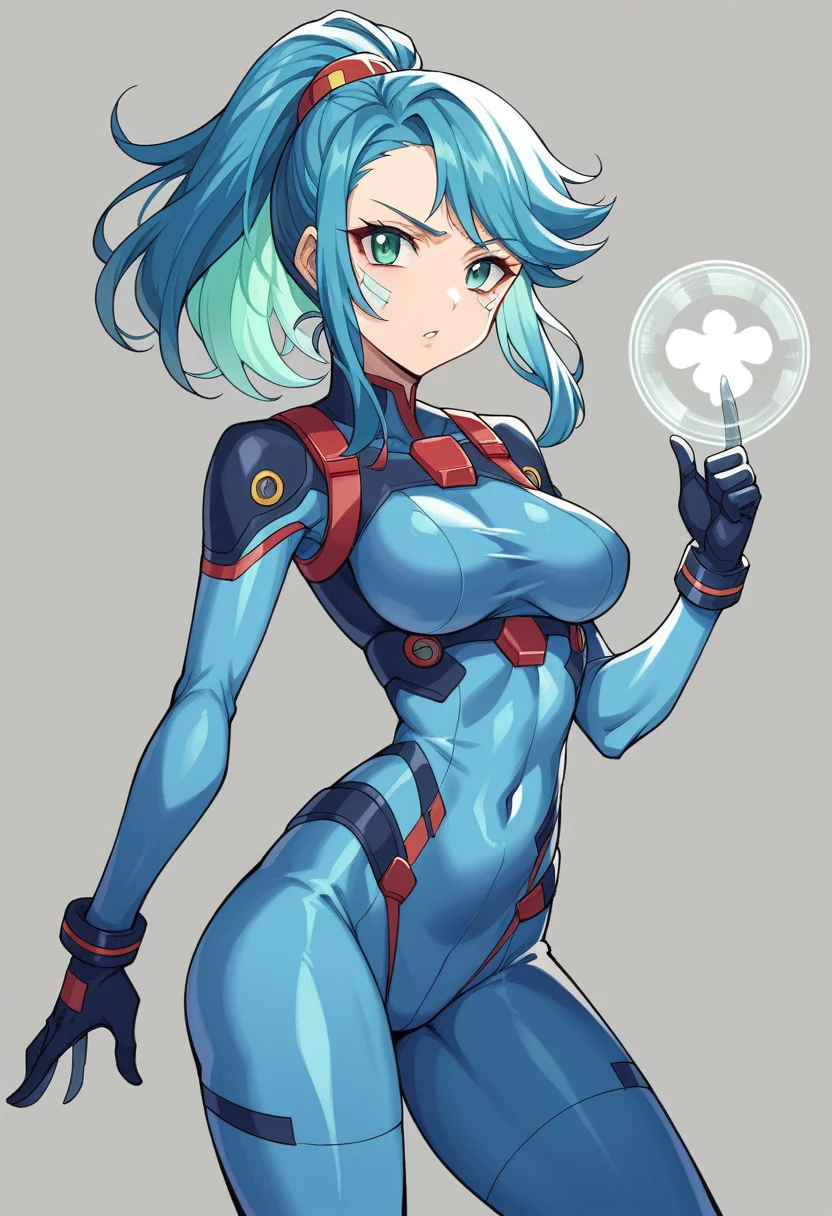 ((Holographic glow effect))、Blue Hair、Masterpiece、Best Quality、1 person、Medium breast、((Album cover))、Light on Face、Slim Body、Blue Costume、Exoskeleton、metal Gear、Cyberpunk Style、ponytail、The Gundam pilot、attention arousal,Ride a fighter