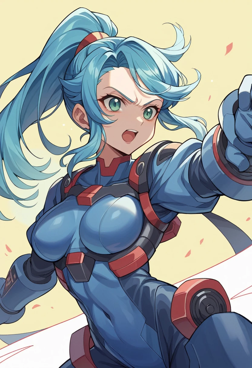 ((Holographic glow effect))、Blue Hair、Masterpiece、Best Quality、1 person、Medium breast、((Album cover))、Light on Face、Slim Body、Blue Costume、Exoskeleton、metal Gear、Cyberpunk Style、ponytail、The Gundam pilot、attention arousal,Ride a fighter