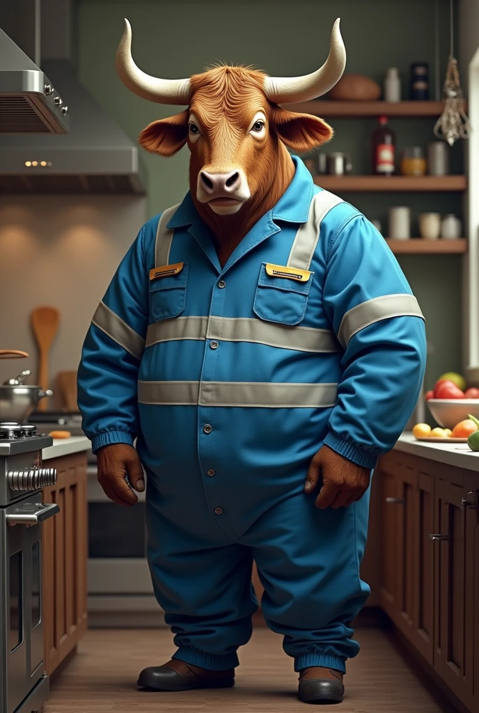 Ox with large horns dressed in blue gasman's uniform with reflective stripes in the kitchen