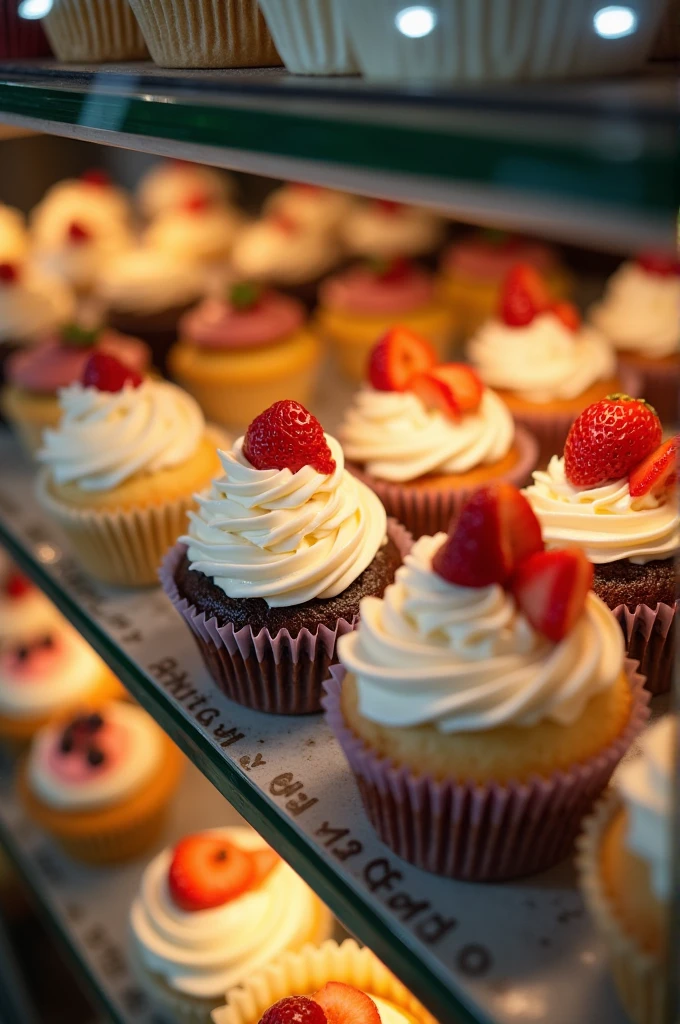 "A close-up image of a variety of desserts in glass display cases. Desserts include decorated cakes, cupcakes with frosting, fruit tarts and decorated cookies. Lighting should highlight the colors and textures of the desserts."
