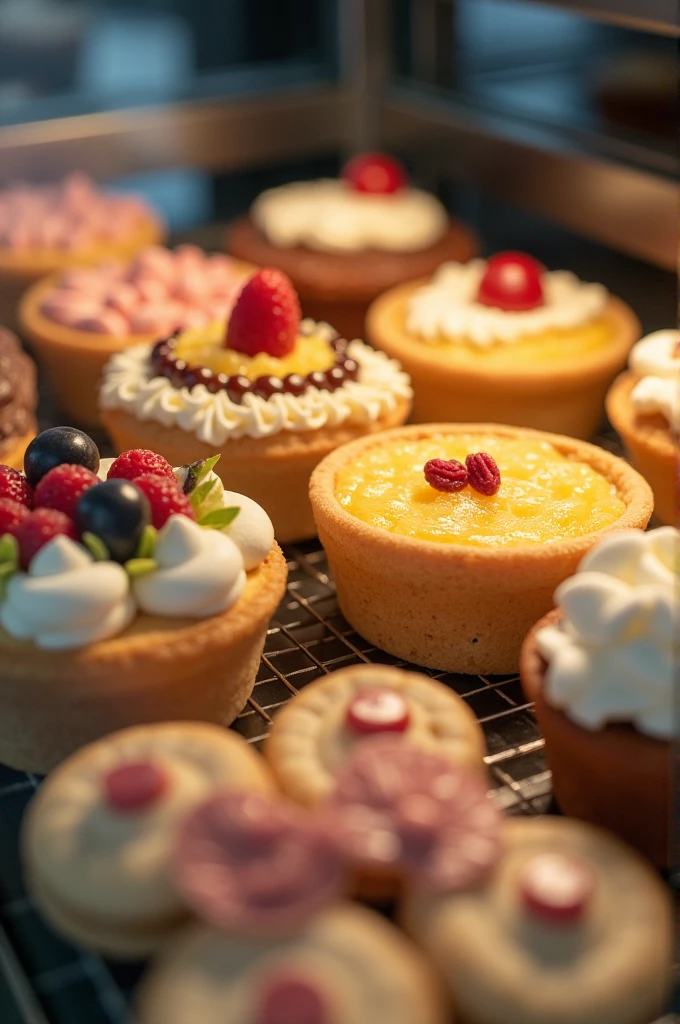 "A close-up image of a variety of desserts in glass display cases. Desserts include decorated cakes, cupcakes with frosting, fruit tarts and decorated cookies. Lighting should highlight the colors and textures of the desserts."