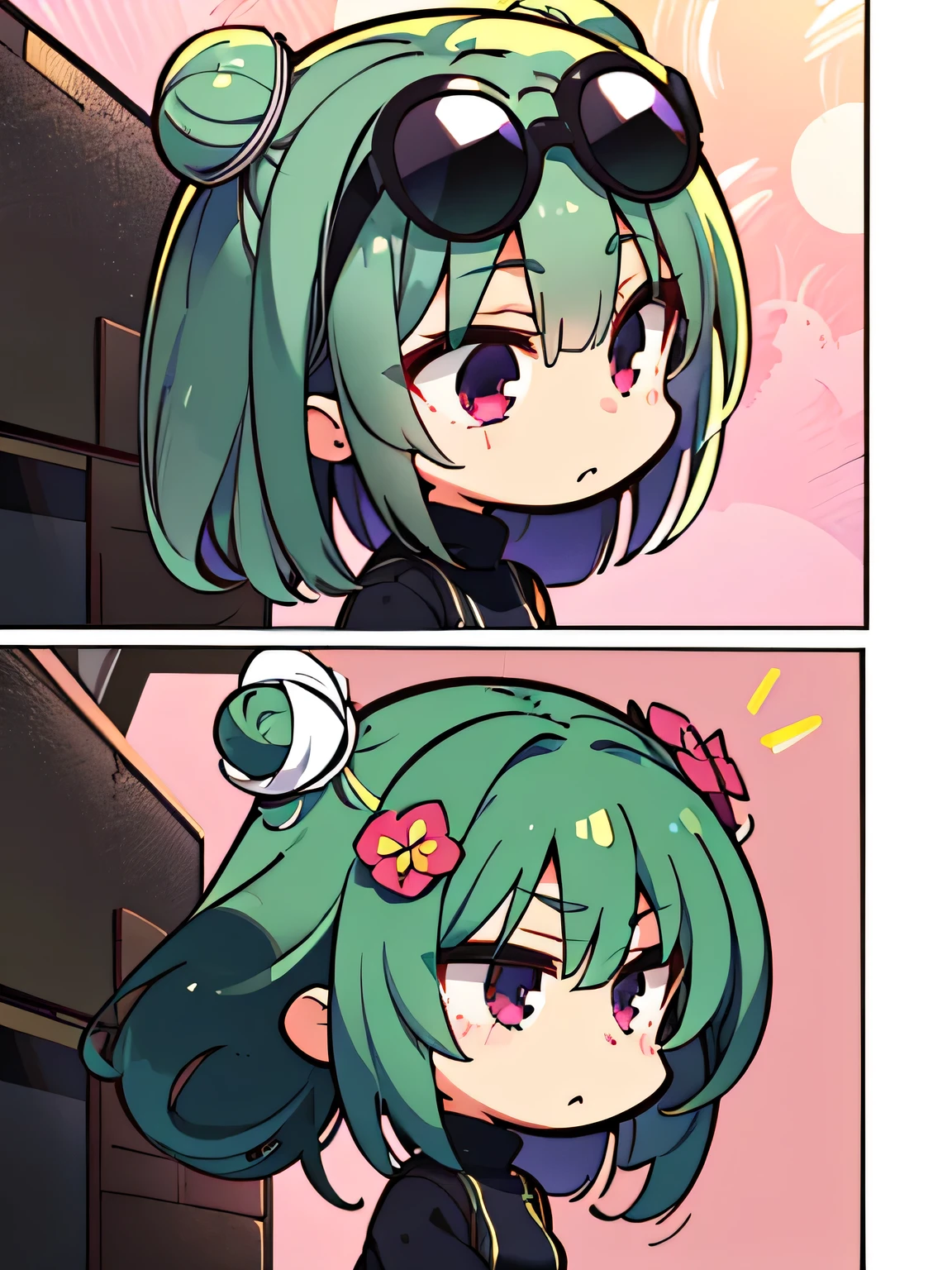 (highres), (best quality), (detailed), (chibi art style)1 girl, alone, medium hair, pastel green hair, twin buns, violet eyes, round black sunglasses on head, black sleeveless turtleneck top, green shorts, dark brown boots