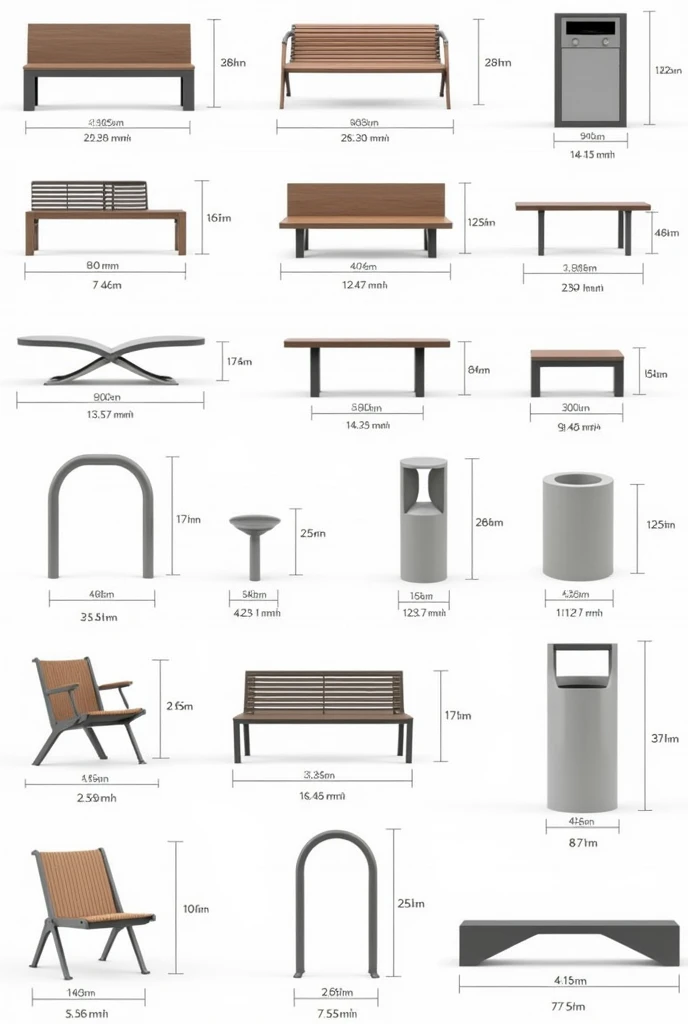 I want many examples of modern street furniture, that they are completely dimensioned to see their dimensions and that the numbers are clearly visible
