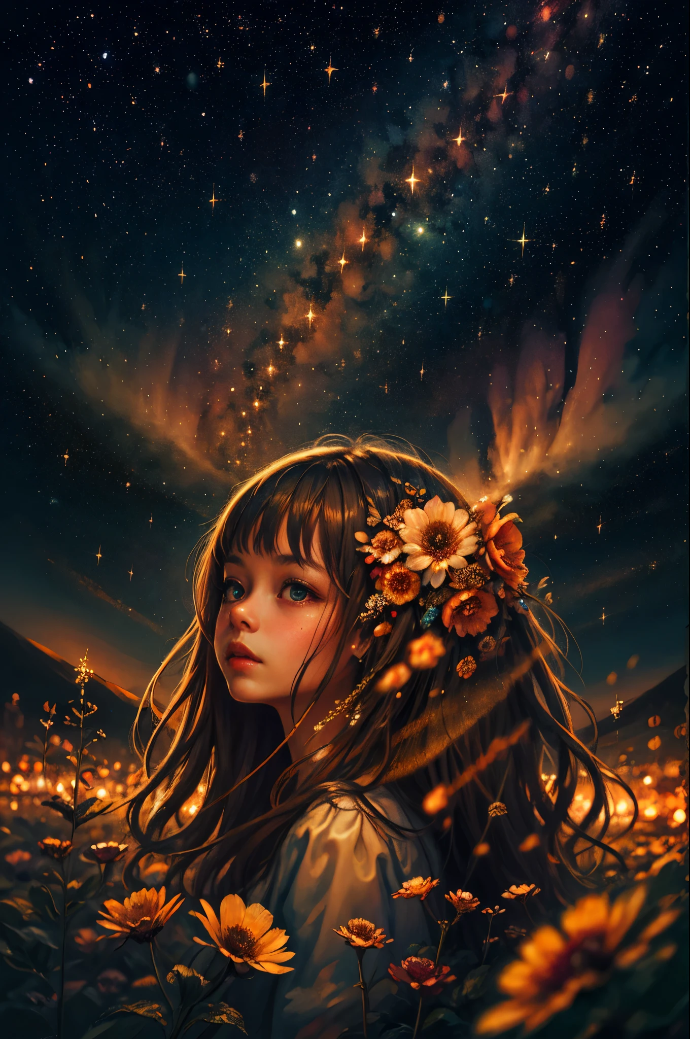 Half portrait, The best quality, masterpiece, ultra-high-resolution, (realistic photo:1.4), surrealism, dream-like,
1 girl, Absurdly long hair, starry sky, evening,stars, Galaxy, flower,