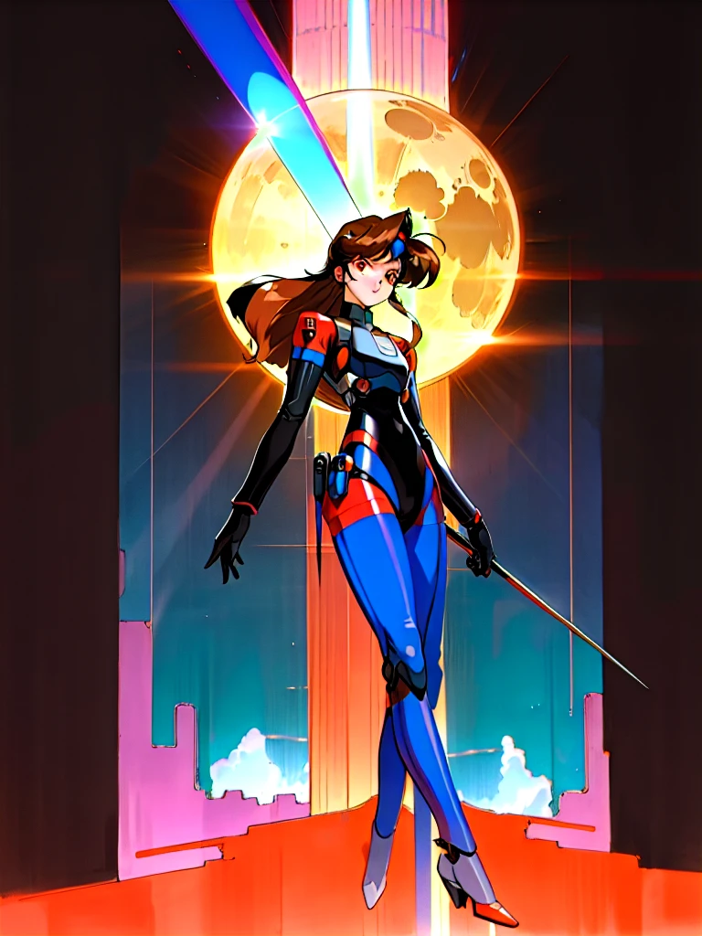 Kenichi Sonoda, retro art-style, 90s Japanese Anime Style, "bubblegum crisis", Sci-fi, Cyberpunk, Neon, Dystopia, (In the neon-drenched skyline of Mega Tokyo's towering skyscrapers, Priss, a stunning 20-year-old anime beauty, stands solo on the spire of a gleaming high-rise, bathed in the radiant glow of the full moon. Her striking features are accentuated by her dark blue metal hard suit adorned with vibrant orange lines, inspired by Syd Mead's industrial mechanic design. Her brown medium-length hair frames her sharp-eyed gaze, as she smizes confidently at the viewer. With fearless determination etched on her face, Priss stands tall on tiptoes, her entire being exuding an aura of cool and stylish elegance. The smooth curves of her shadow cast against the lunar backlight create a mesmerizing silhouette, showcasing her unparalleled beauty under the watchful eye of the city's towering skyscrapers.), The main character, "Priss", 1girl, solo, 20yo, anime beauty, Cool beauty, Unparalleled beauty, Brown medium length hair, red eyes, Sharp eye, dark blue metal hard suit with orange lines, The design is based on Syd Mead-style industrial mechanic design., fearless look, smile, Standing alone in the backlight, she looks cool and stylish, Standing on tiptoes, looking at viewer, close-up photography of full body, Depth of field, character focus, (masterpiece, anime cg, official art, work of art, Award-winning work, extreme quality, ultra high definition, all intricate, overall detailed, finely detailed, super detailed, very aesthetic, boast pompously, focus on entire screen, asymmetrical, raytraced, caustics, textile shading, incredibly absurd resolution, absolutely resolution, ultra high resolution, professional, vivid colors, perfect anatomy, ideal facial features, beautiful detailed face, ideally proportioned figure, perfectly beautiful body),