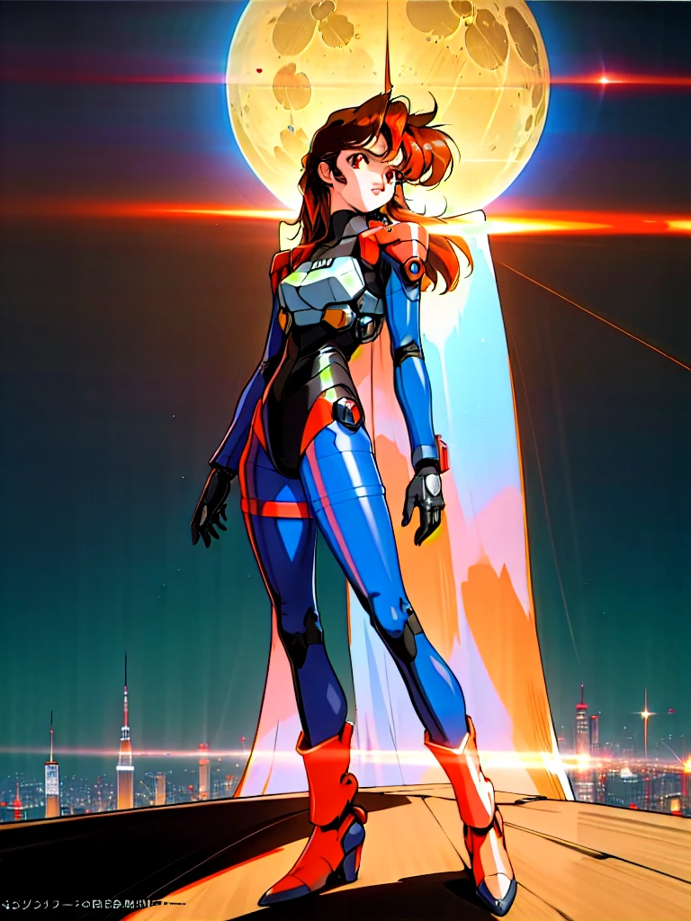 Kenichi Sonoda, retro art-style, 90s Japanese Anime Style, "bubblegum crisis", Sci-fi, Cyberpunk, Neon, Dystopia, (In the neon-drenched skyline of Mega Tokyo's towering skyscrapers, Priss, a stunning 20-year-old anime beauty, stands solo on the spire of a gleaming high-rise, bathed in the radiant glow of the full moon. Her striking features are accentuated by her dark blue metal hard suit adorned with vibrant orange lines, inspired by Syd Mead's industrial mechanic design. Her brown medium-length hair frames her sharp-eyed gaze, as she smizes confidently at the viewer. With fearless determination etched on her face, Priss stands tall on tiptoes, her entire being exuding an aura of cool and stylish elegance. The smooth curves of her shadow cast against the lunar backlight create a mesmerizing silhouette, showcasing her unparalleled beauty under the watchful eye of the city's towering skyscrapers.), The main character, "Priss", 1girl, solo, 20yo, anime beauty, Cool beauty, Unparalleled beauty, Brown medium length hair, red eyes, Sharp eye, dark blue metal hard suit with orange lines, The design is based on Syd Mead-style industrial mechanic design., fearless look, smile, Standing alone in the backlight, she looks cool and stylish, Standing on tiptoes, looking at viewer, close-up photography of full body, Depth of field, character focus, (masterpiece, anime cg, official art, work of art, Award-winning work, extreme quality, ultra high definition, all intricate, overall detailed, finely detailed, super detailed, very aesthetic, boast pompously, focus on entire screen, asymmetrical, raytraced, caustics, textile shading, incredibly absurd resolution, absolutely resolution, ultra high resolution, professional, vivid colors, perfect anatomy, ideal facial features, beautiful detailed face, ideally proportioned figure, perfectly beautiful body),