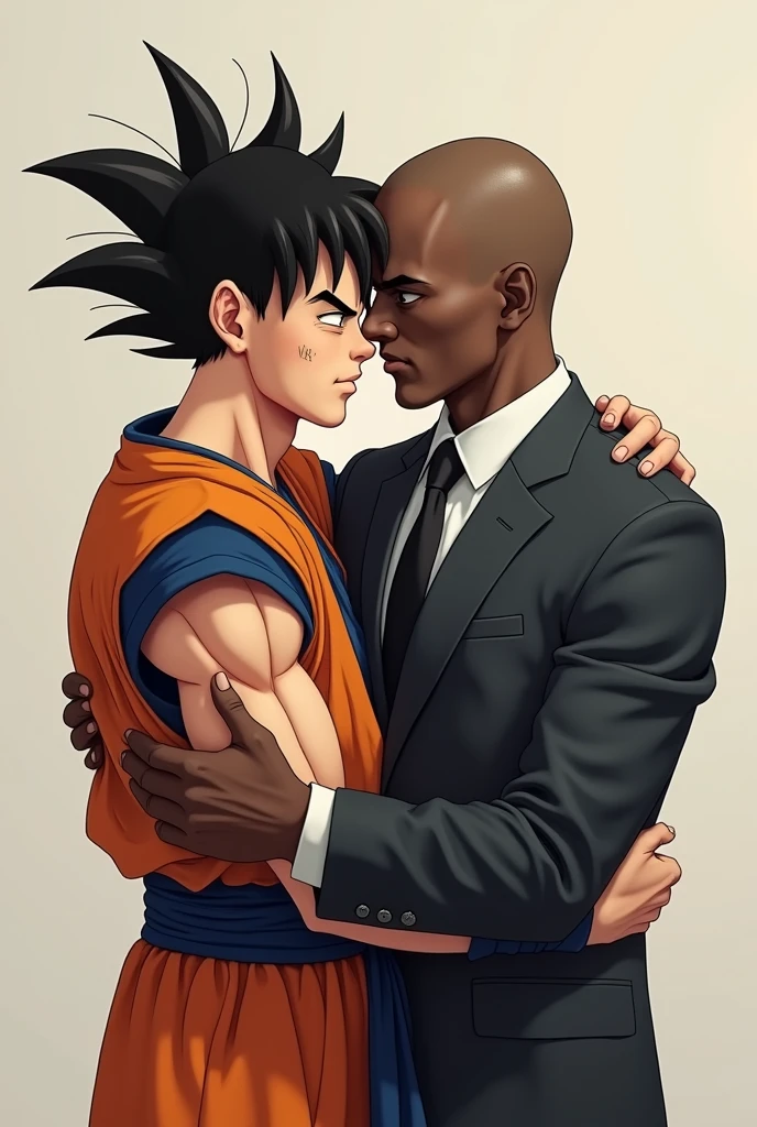 Black man with formal hair and two receding hairlines hugging his friend Goku
