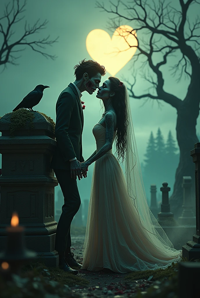 ((Main masterpiece in maximum resolution of 16K, with the horror cartoon style inspired by Tim Burton, emphasising a dynamic 3D perspective)). | A couple of zombie corpses engaged are hugging in the middle of a gloomy and haunted cemetery, surrounded by a silhouette of heart of translucent and transparent flames. The scene consists of clay, tombs, tombstones, a mausoleum with mosses, thorns, branches and roses, all with vivid and clean colours. The dramatic luminosity and high contrast create a chilling and enveloping atmosphere. | The scenery includes details such as low fog, elongated shadows, twisted trees and crows perched on tombstones in the foreground, with a cloudy sky and a full moon in the background, bringing a feeling of desolation and mystery. | Three-dimensional and Dutch angle composition, adding a surreal touch to the scene. | The cinematographic lighting, with elements of brightness and soft lighting, highlights the details of the characters and the scenery. The effects of ray tracing and volumetric lighting emphasise depth and contrast, creating a sense of space and immersion. | The texture of the bride and groom's clothes, decomposed skin and empty eyes are portrayed with precision and intricate detail, while the silhouette of flames around them shines in a supernatural way. | The scene shows a moment of macabre love in a scary and beautiful environment, with the zombie bride and groom expressing a mixture of tenderness and despair. | The camera is positioned very close to them, revealing their entire bodies as they assume a dynamic-pose, interacting with and leaning against a structure in the scene in an exciting way. | (((They take a dynamic-pose as they interact, boldly leaning on a structure, leaning back in an exciting way)). | (((((full body image)))).