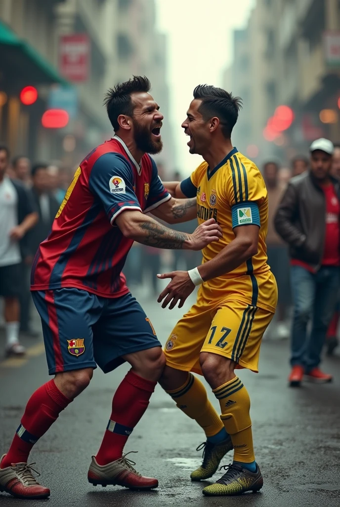 lionel messi and cristiano ronaldo fighting on the street and neymar jr trying to calm them down
