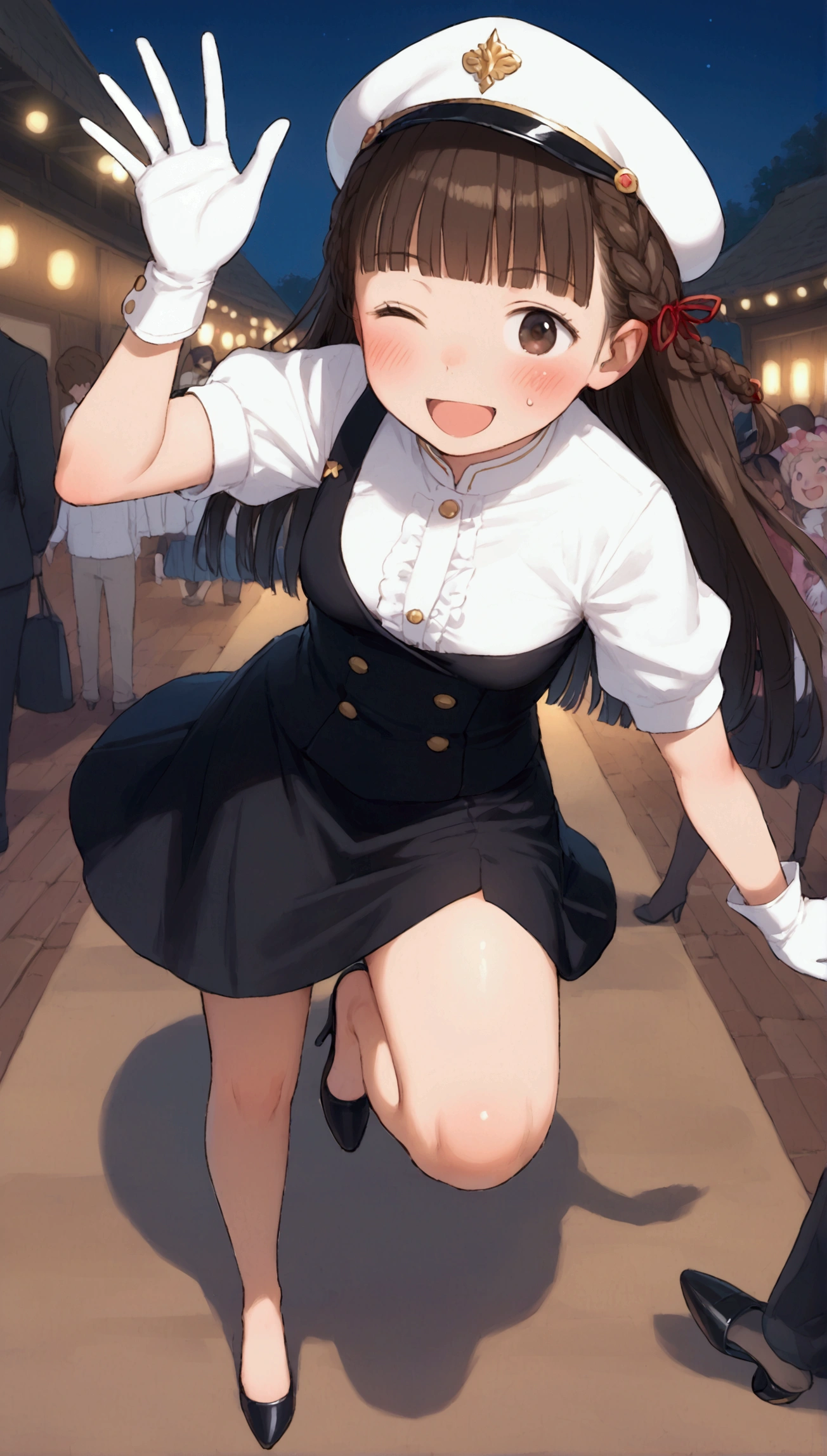 {Highest quality}, {Super beautiful},{Ultra fine},{Best illustration},Brown Hair,Hime cut,long hair,Braid,One woman,Standing Woman,Strike a pose,Adult women,smile,Excited face,Wink,Uniform cap,White Shirt,Short sleeve,long black skirt,White gloves,Night Festival,Blushing,Slender,Black high heels,barefoot,From an angle,From below,Waving with both hands,Spread one leg