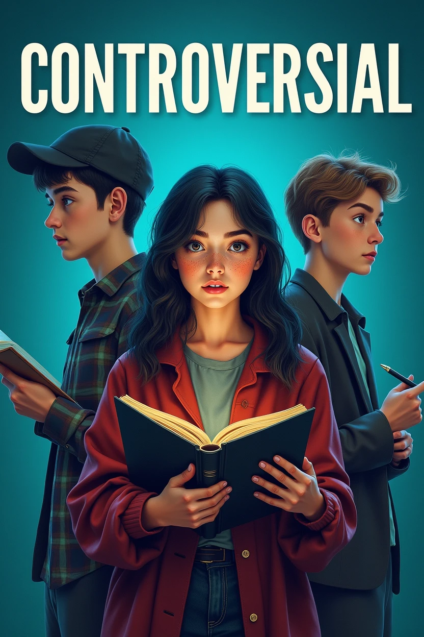 Here is the detailed description for the image:

**fund:** cerulean.

**Top text:** the word "CONTROVERSIAL” written in WHITE 

**Personagens:**
1. **naughty girl (downtown):** an 18-year-old girl, with very dark hair, skin fair, dark eyes and freckles. Ela segura um livro de bruxa na mão e está looking to the right.
2. **Child boy (Left):** An 18-year-old boy wearing a blue plaid shirt and a cap. He has black hair and white skin. He holds a notebook and a pen in his hand, and is looking at the center.
3. **Child boy (desna):** An 18 year old with light brown hair and light eyes, looking to the right.
