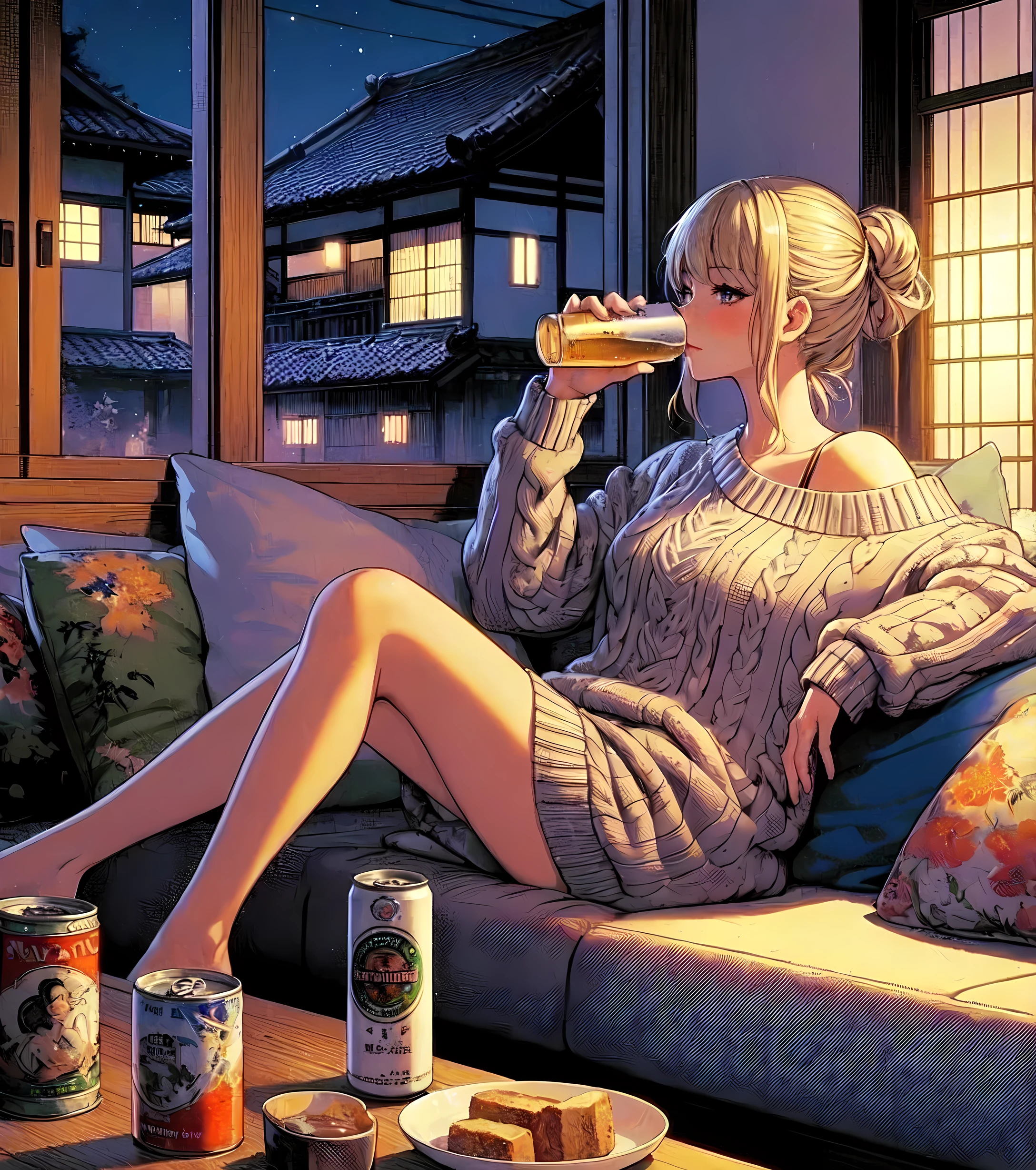 1lady solo, (relaxing on sofa), (holding can of beer) in one hand, casual outfit (knit sweater), (mature female:0.6), /(blond hair/) bangs, blush (light smile:0.8), (masterpiece best quality:1.2) delicate illustration ultra-detailed, large breasts BREAK (modern living room), furniture, night, soft lighting, detailed background