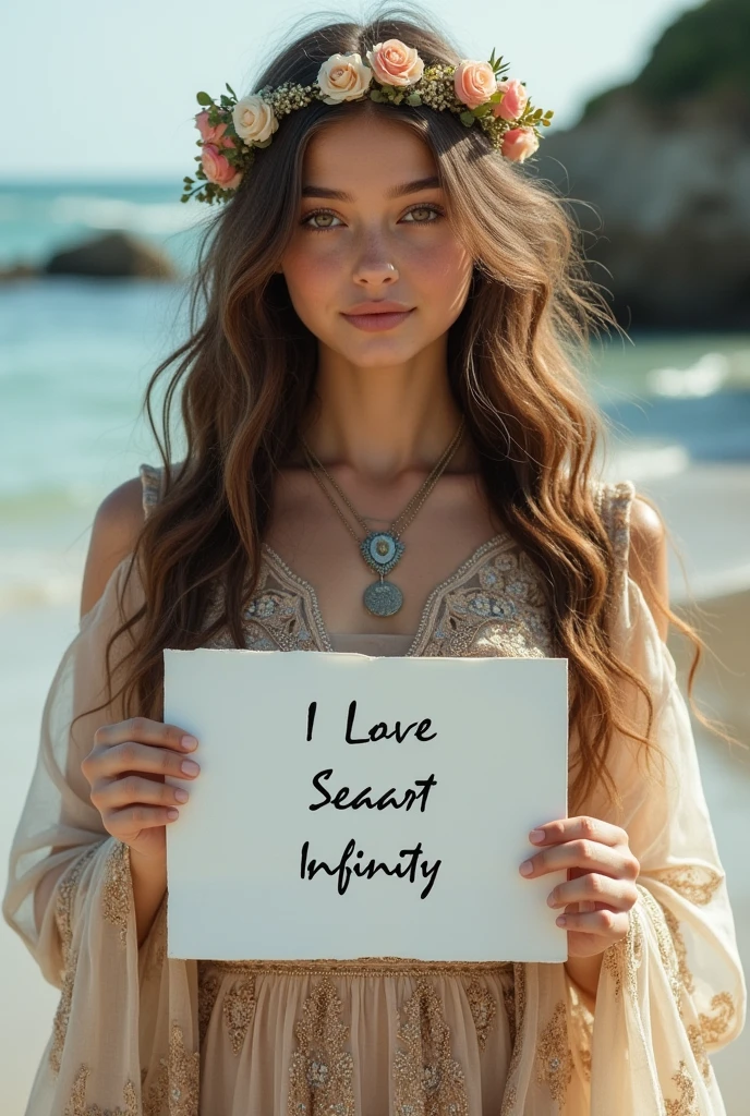 Beautiful girl with wavy long hair, bohemian dress, holding a white board with text "I Love Seaart Infinity" and showing it to the viewer