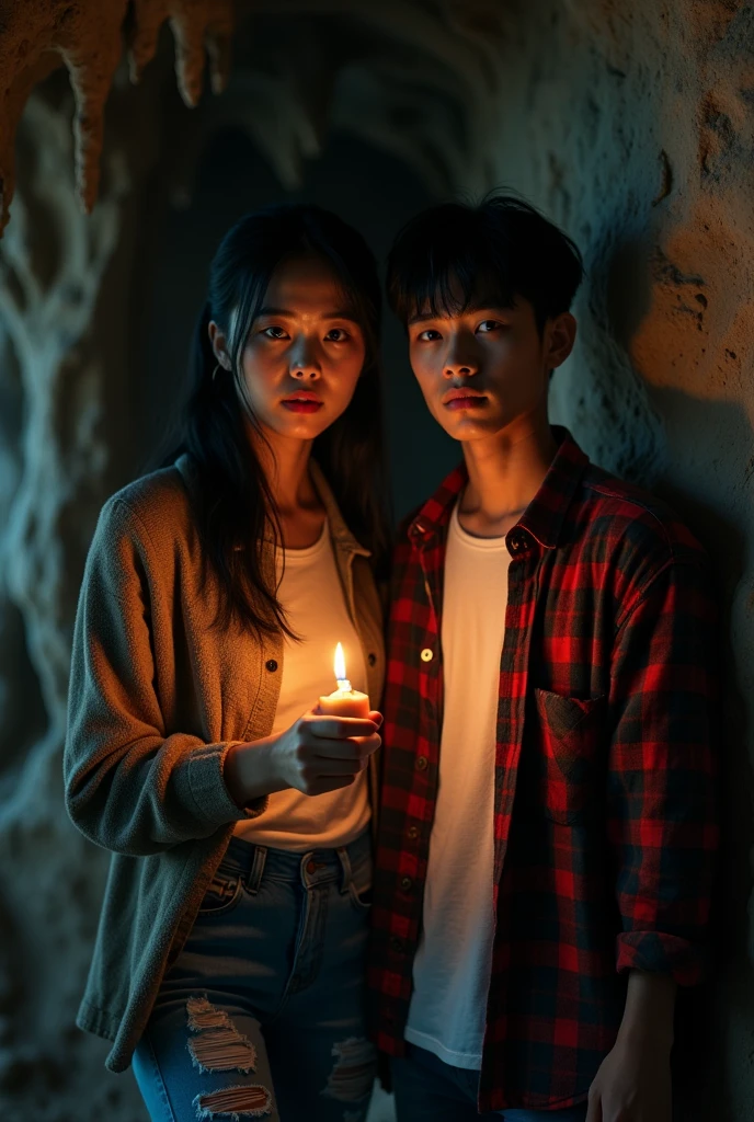 photograph of asian couples, (troubled facial expression), textured skin, goosebumps, black hair, plaid flannel shirt with distressed boyfriend jeans, cowboy shot, dark and mysterious cave with unique rock formations and hidden wonders, perfect eyes, (candlelight,chiaroscuro), Porta 160 color, shot on ARRI ALEXA 65, bokeh, sharp focus on subject, shot by Don McCullin