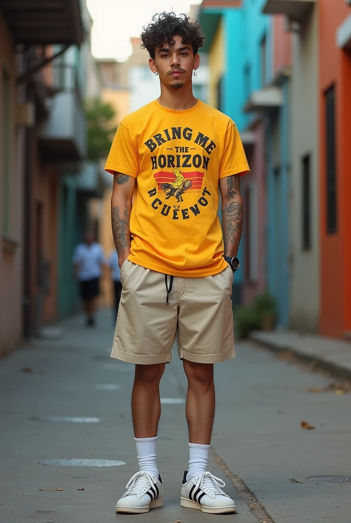 A 23 year old white male, Scrawny, with the face of , with slight Asian descent, short dark brown hair curly with Undercut cut, a small hoop earring in the ear, eyes browns, sem beard, Very beauthful, with small tattoos spread across his arms, wearing a very large bring me the horizon band t-shirt, with wide shorts, high sock, on foot wearing a white adidas samba, stylish, posing for a spontaneous photo, in Batman&#39;s alley in Sao Paulo
