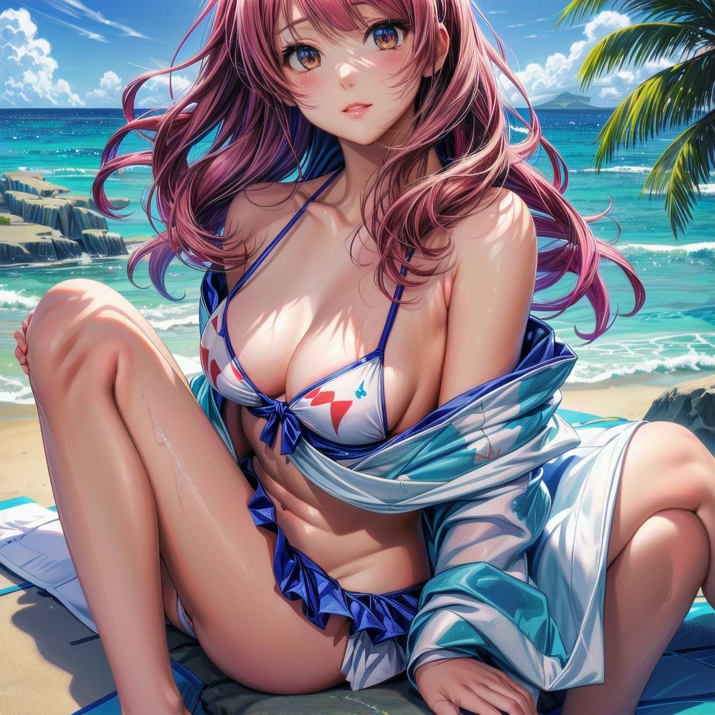 a woman in a bikini sitting on a rock near the ocean, Seductive anime girl, Created with Anime Painter Studio, painted in the anime painting studio, beautiful seductive anime teen, best rated on pixiv, realistic bikini, in the beach, Digital art on Pixiv, in the beach, in the beach, Trends on Artstation Pixiv, Anime with fine details, spread legs, Thin panties, topless, small breasts