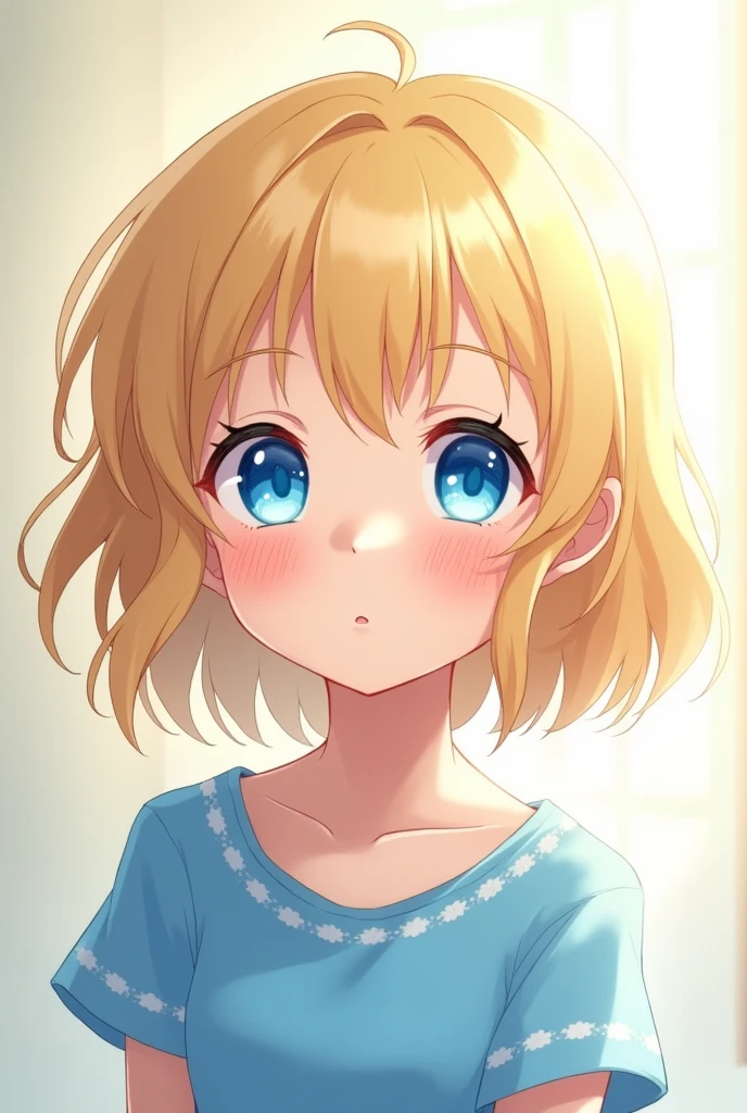 Girl bright blue eyes short blonde hair blue clothes anime