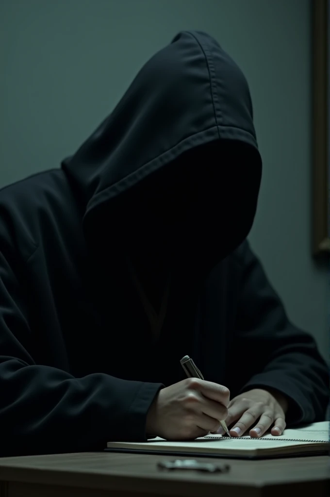 A person wearing a black hooded coat,that his face cannot be seen,writing in a notebook on a table,with low lighting