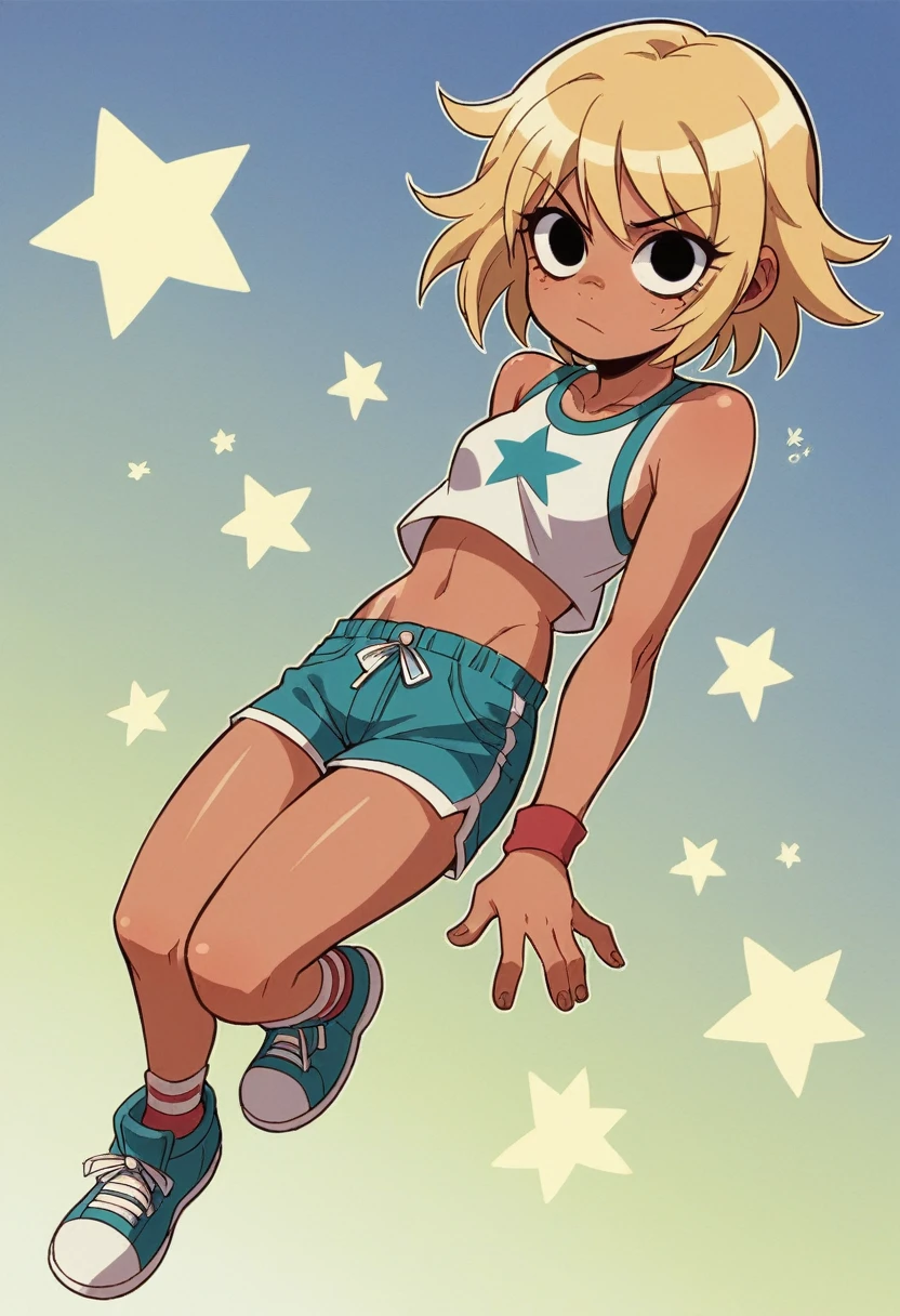 (stylized art style) (anime cartoon) (Y2K Aesthetics) (Scott Pilgrim comic book style) (dynamic pose) (muddy colors) (painted) (smooth and round) (fine lines and "clean") (Kinda realistic) (texture) full body ****ung girl, skin tanned, eyes black, 2000s style blonde hair, 2000s white star surf crop top, NSFW Topless, sample boobs,  blue surf sports shorts, female surfer,No local do surf, dynamic angle,
