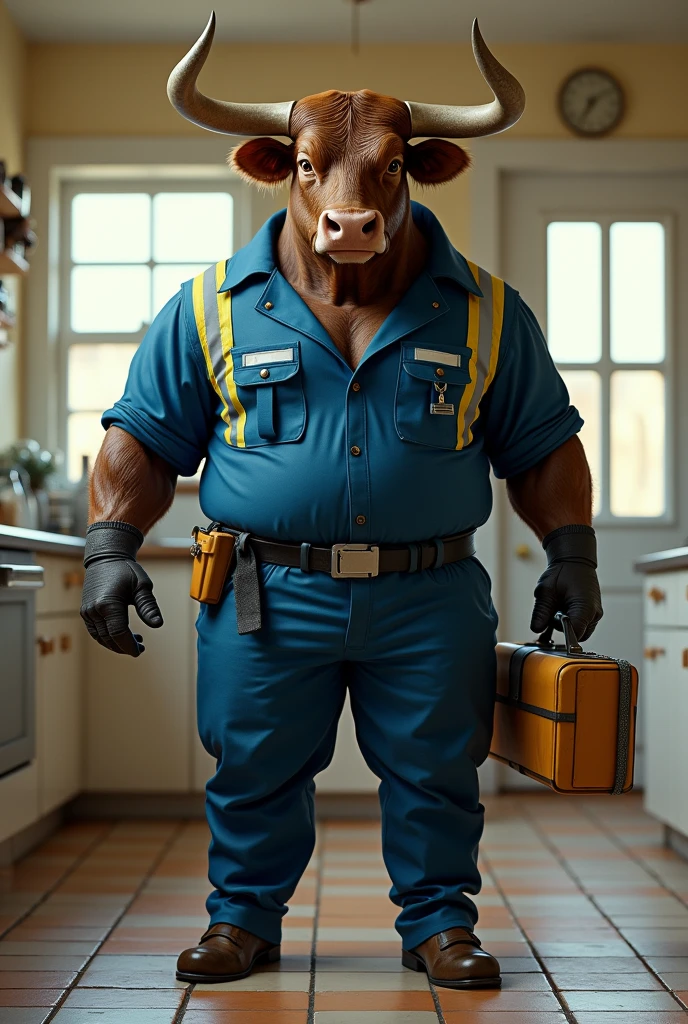 Bull with big horns dressed in blue gasman&#39;s uniform with reflective stripes and toolbox in kitchen