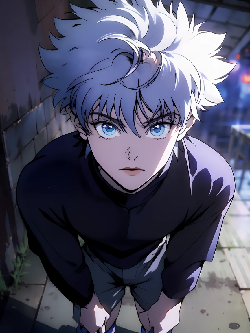 Super detailed, highest quality, best image quality, masterpiece, 8K, anime facel, (medium long shot), Killua Zoldyck from hunter x, psychopath face, black circles, Killua has spiky silver hair, very pale skin, and blue eyes, long-sleeved and dark-colored shirts, Killua wears long, baggy shorts, thunderbolt background
