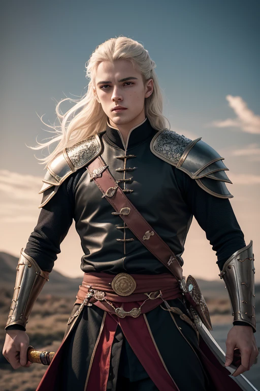 Rhaegar Targeryan, a young and very handsome prince, of practiced hair, light eyes and black clothes with small red details, dragon rider and a beautiful swordsman, sobrinho de Rhaenyra Targeryan, Visenya Targaryen and Eron Celtigar films. tem 18-years old. He is on his twin sister's side, Emma Celtigar, they are both identical twins with platinum hair and the same age, 18-years old.