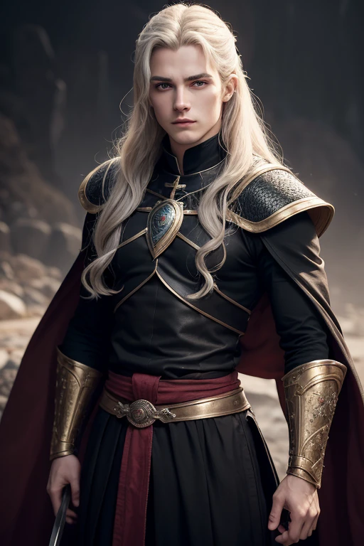 Rhaegar Targeryan, a young and very handsome prince, of practiced hair, light eyes and black clothes with small red details, dragon rider and a beautiful swordsman, sobrinho de Rhaenyra Targeryan, Visenya Targaryen and Eron Celtigar films. tem 18-years old. He is on his twin sister's side, Emma Celtigar, they are both identical twins with platinum hair and the same age, 18-years old.