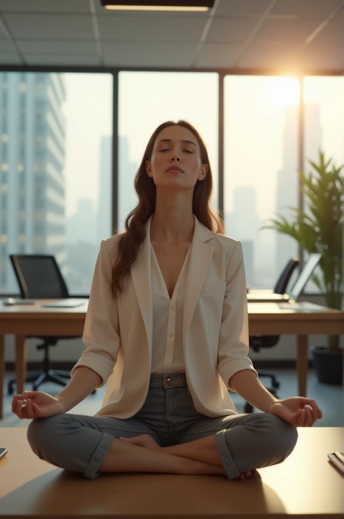 Woman in office breathing in harmony