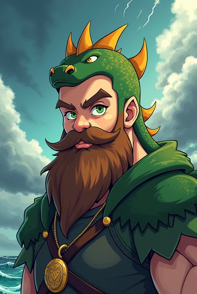Anime style a cute Viking style man he has samurai style hair shaved on the sides he is wearing a plush cap in the shape of a cute green dragon he has bright green eyes and his long beard with pendant the scene he is in is a storm his beard is brown