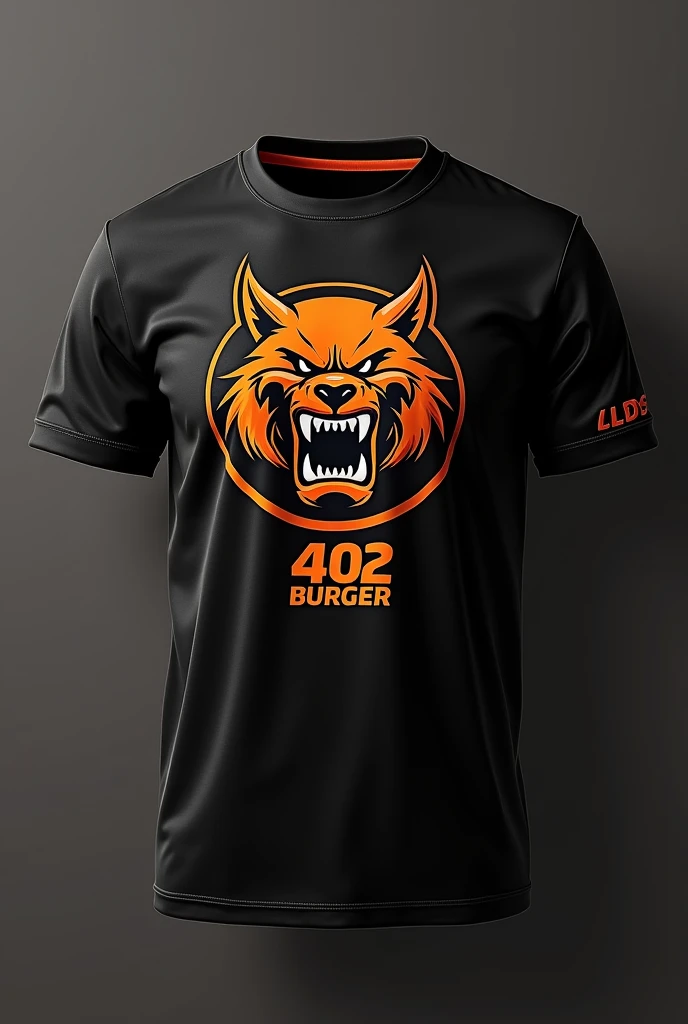 Design a uniform for a burger restaurant called 402 BURGER that features a printed mascot that is an animal ( very) representative for a hamburger restaurant that is fierce that the uniform is black with orange details and that it is disruptive innovation