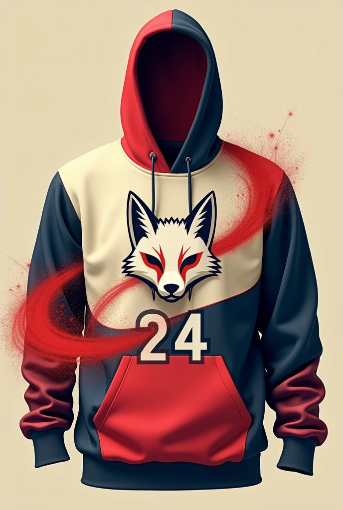Design a 11th grade promotional sweatshirt with beige colors, red wine, dark blue, hooded and wide, of a fox logo with a 24 and that has like a red thread that wraps and goes through the entire red sweatshirt