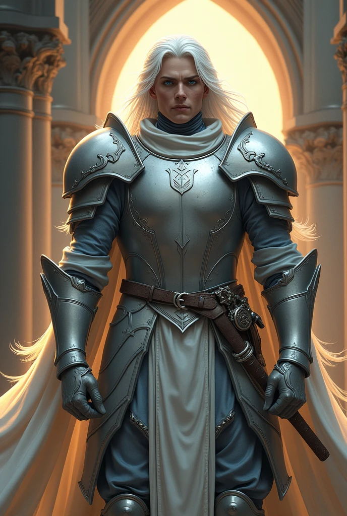 (photorealism:1.2), Paladin , Men, wearing grey light armor white white details, blue eyes, long white hair, RPG, D&d, soft lighting,  powerd pose, realistic, intricate details, warm colors, by Greg Rutkowski, by Alphonse Mucha