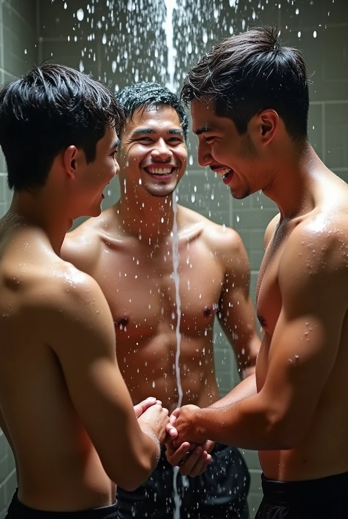 A group of young naked muscular handsome Thai men taking shower , bubbles soap all over their bodies. Everyone kiss and cuddle each other, big bulges