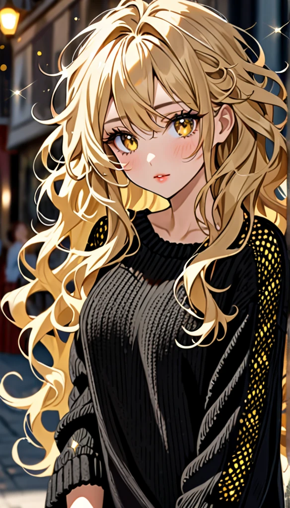 Beautiful and blond messy styled hair, best quality, beautiful woman, amorous expression, blonde messy wavy hair, extremely long hair, very very long hair, yellow eyes, make-up, wearing loose fitting black summer knit sweater, sparkly fluffy, flaunting her hair