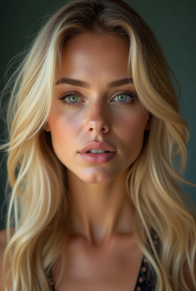 une belle fille aux longs cheveux blonds, detailed eyes, nose, and lips, full  body, sexy transparent jumpsuit, dans un studio photo, passport photo, (best quality,4K,8k,high resolution,head of&#39;artwork:1.2),ultra-detailed,(realistic,photorealistic,photo-realistic:1.37),HDR,studio lighting,Highly detailed face and body, portrait,Cinematic lighting,Dramatic lighting,warm color tones,couleurs dramatiques