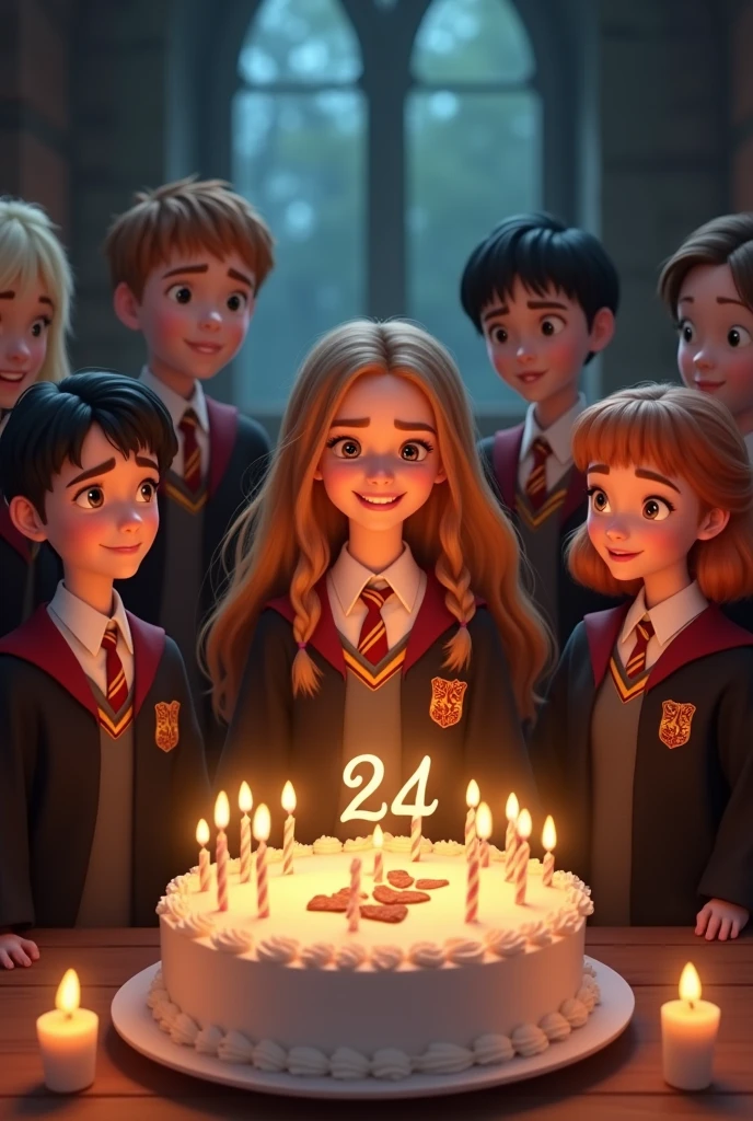 Happy birthday to Hermione with a cake with 24 number candles with her friends with Hogwarts uniform animation