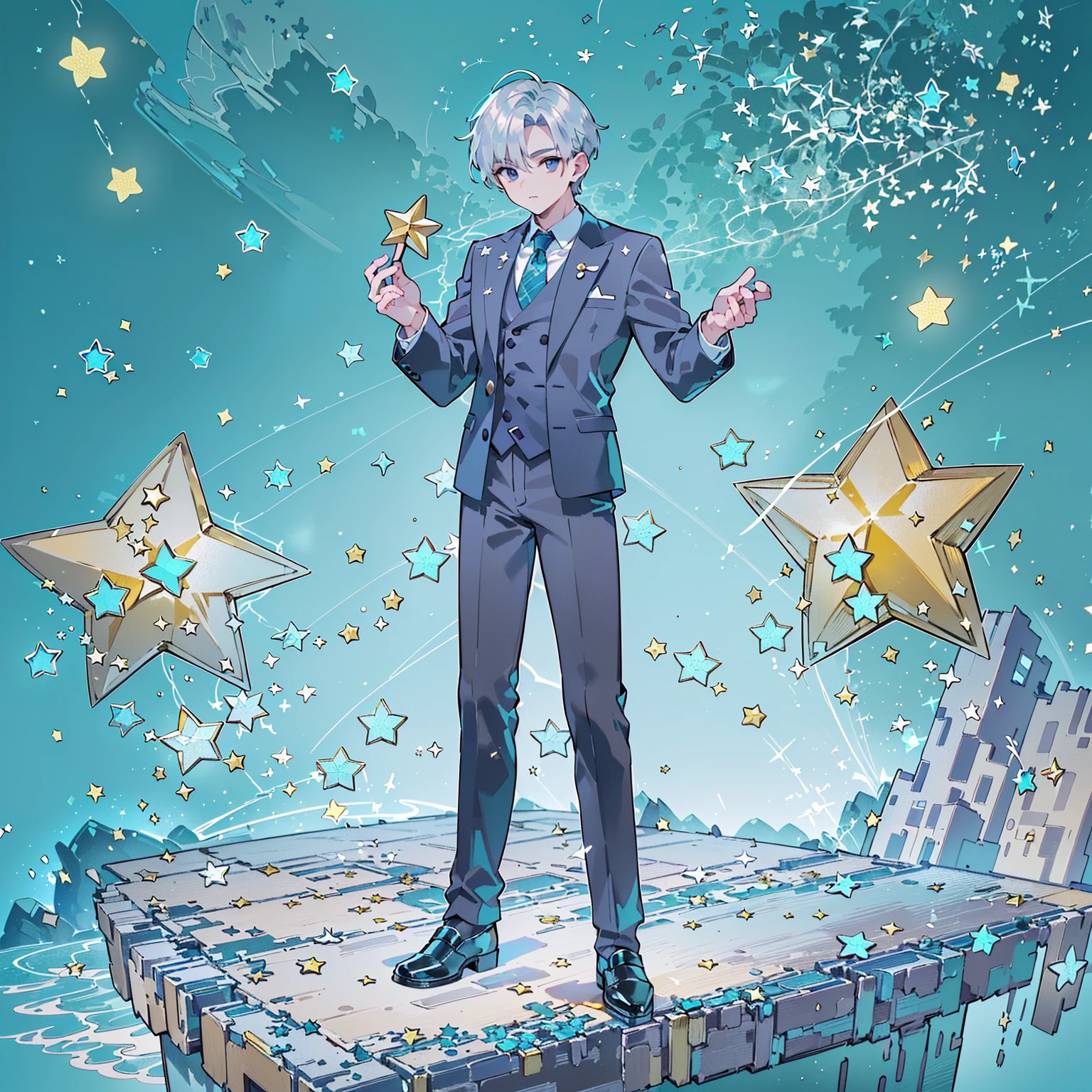 ((Highest quality，masterpiece，Extremely sophisticated details，Full body picture of a handsome Korean-style man with short silver hair，Holding a big three-dimensional star in hand，Wearing a boss&#39;s formal short black suit without tie and high collar，singer))，Extremely mature and handsome，super handsome guy，Small silver jewelry decoration，Gorgeous stage background，Q version