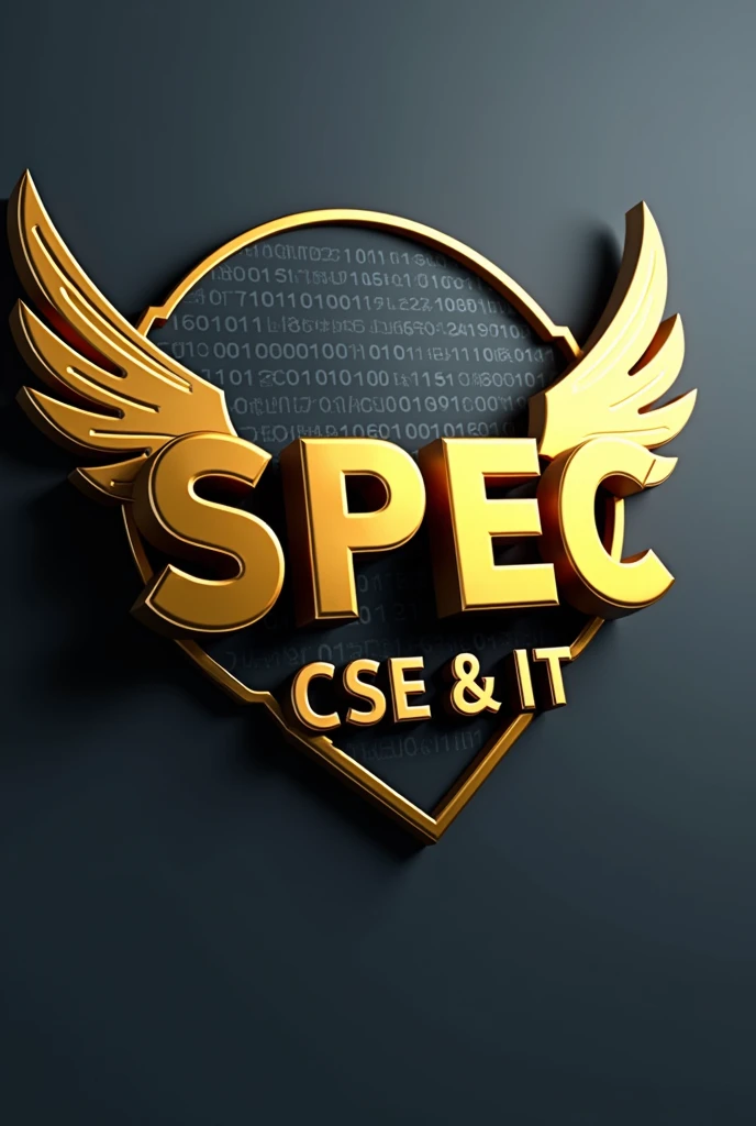 Create a logo with following information
Name : SPEC
it's in 3D format. Color Gold and ads wings to the logo
Below the logo add : CSE & IT with gray color. And in 3 D format
Back ground of the image Binary code eg: 01, 100, 001
Above logo , reduce font size. And change font of SPEC