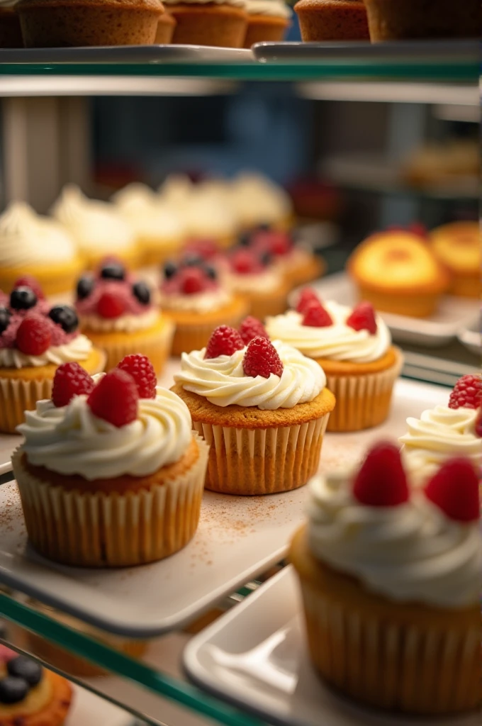 "A close-up image of a variety of desserts in glass display cases. Desserts include decorated cakes, cupcakes with frosting, fruit tarts and decorated cookies. Lighting should highlight the colors and textures of the desserts."