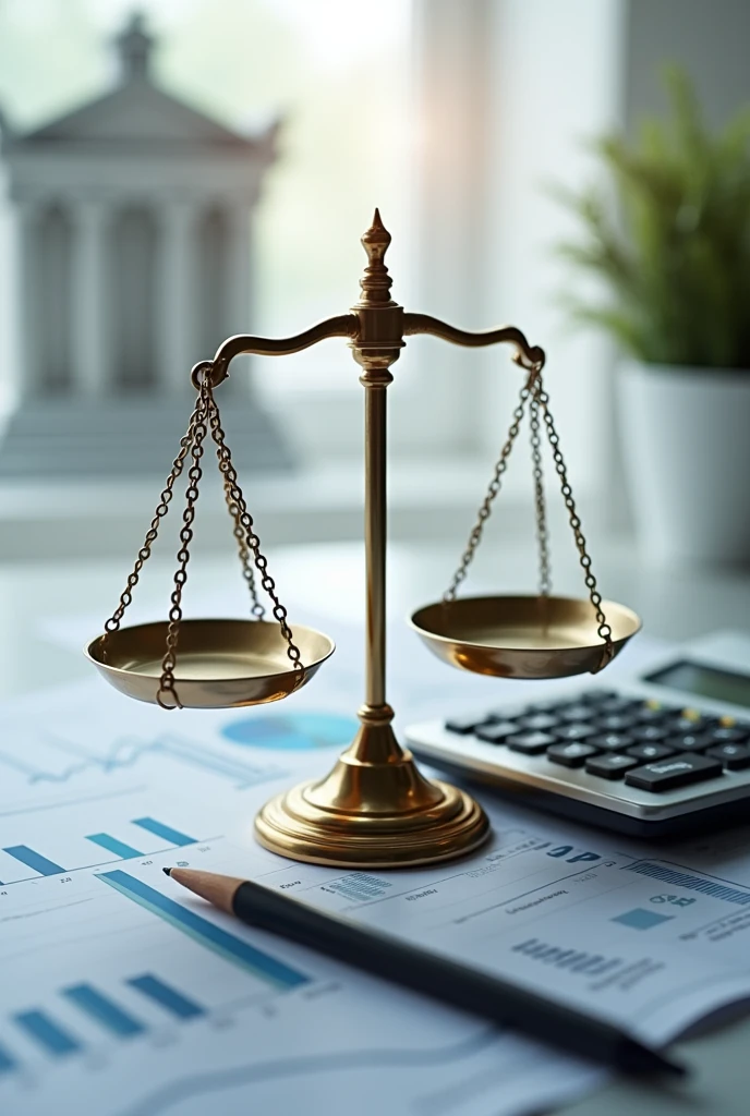 create an image that represents Accounting and Compliance: A Solid Foundation for Successful Lawyers. This image should contain symbolic elements of both areas, such as a scale or gavel of justice and a calculator or graphs. The image must be in 1080p format