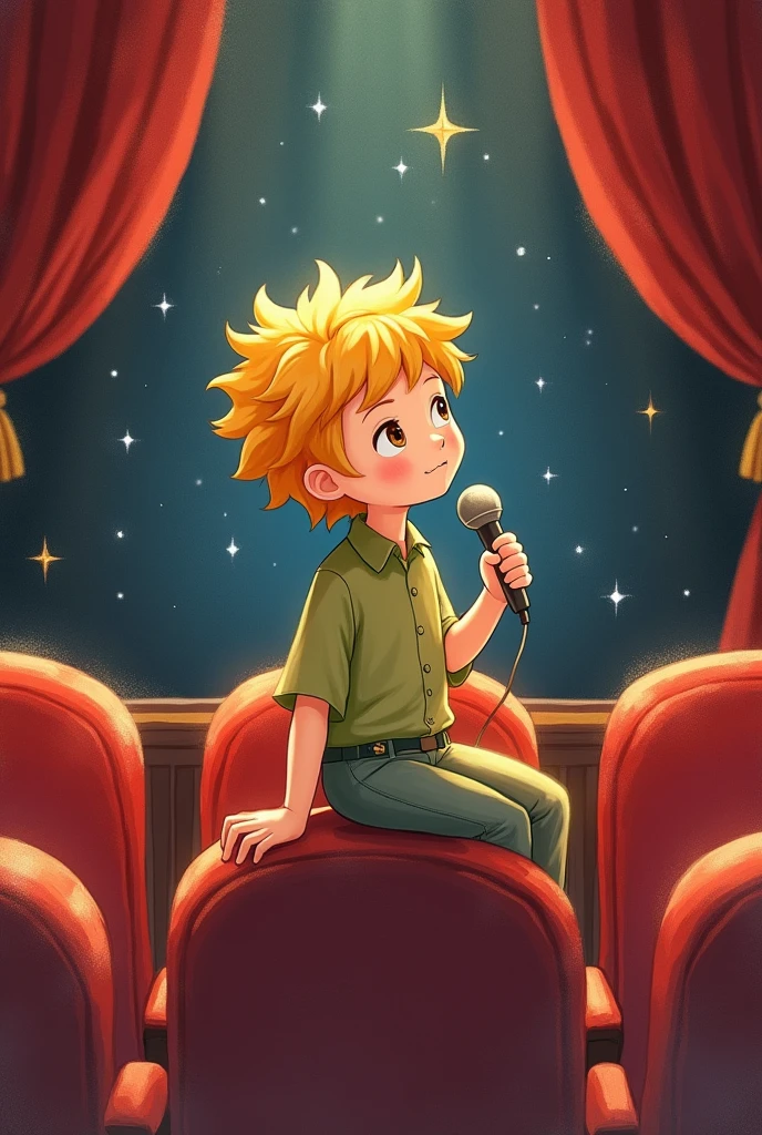 I want to generate an illustration of the Little Prince sitting in a theater seat, looking at the stage and holding a microphone in his hand.. that the illustration looks the same as those in the book and that it looks cute or adorable.