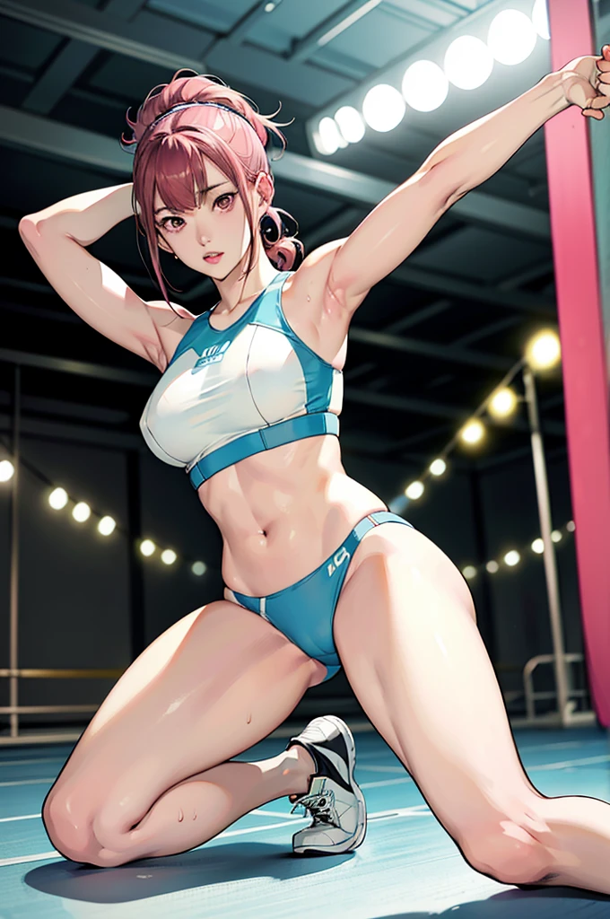 An ultra-detailed full-body illustration, style of 1980s Japanese comics, 8k resolutions, 1girl, solo, Sharp Focus, slender leg, Characterize by alluring, The character has striking pink hair, Perfect Figure with pale skin and a slender physique. she soaking wet, Her body is covered in thick, sticky, clear oil. She is training intensely in a boxing ring, wearing white mesh crop-top with no bra, white sheer t-back bikini with no pant, black open-finger boxing gloves, and sneakers, bra comes off, nipples, highlight breast, wet clothes, wet body. The scene is vibrant with retro colors and dynamic lines, capturing the intensity of her workout while blending a sporty, fashionable, and retro aesthetic.
